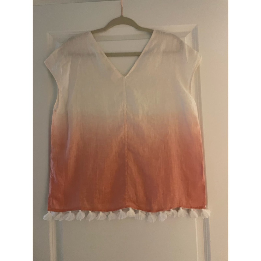 NWOT White Coral Ombre PomPom Hem V Neck‎ 100% Linen Top Size Medium